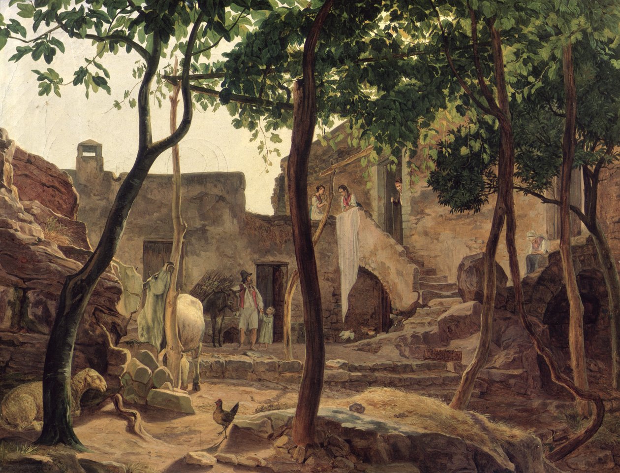Gårdstun nær Sorrento, 1827 av Carl Wilhelm Goetzloff