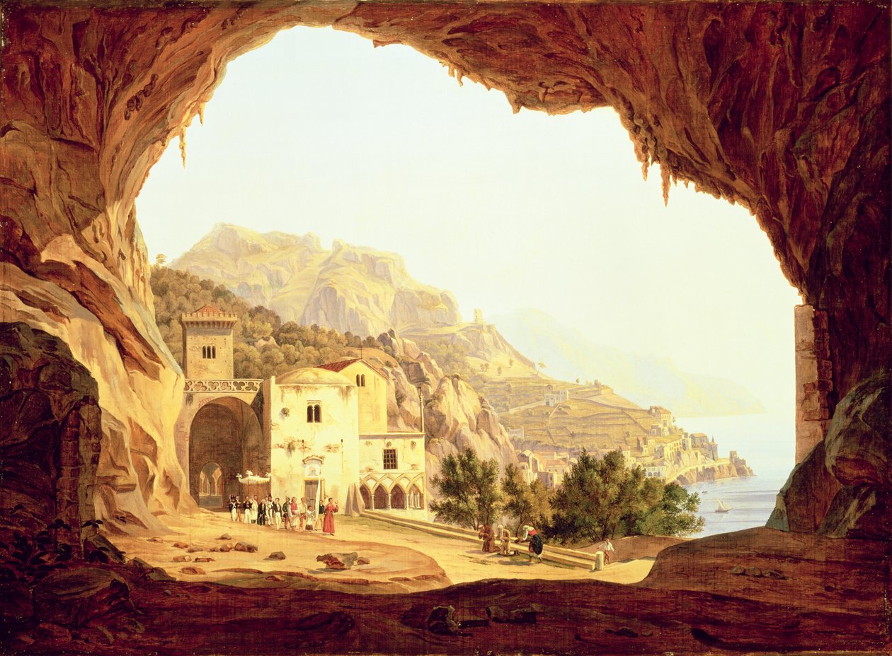 Utsikt fra en grotte over Amalfikysten, ca. 1842 av Carl Wilhelm Goetzloff