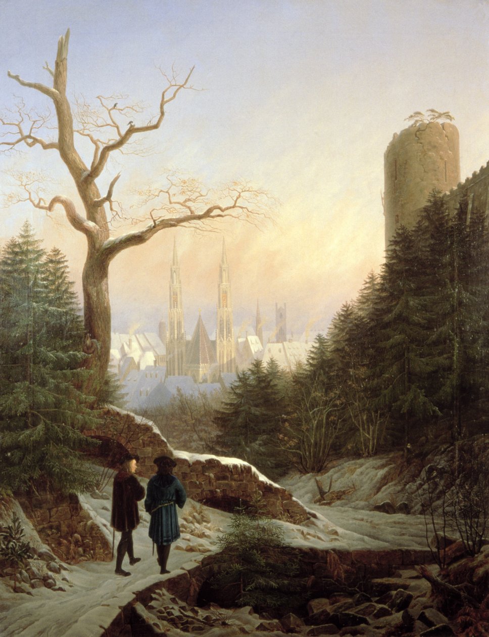 Vinterlandskap med gotisk kirke, 1821 av Carl Wilhelm Goetzloff