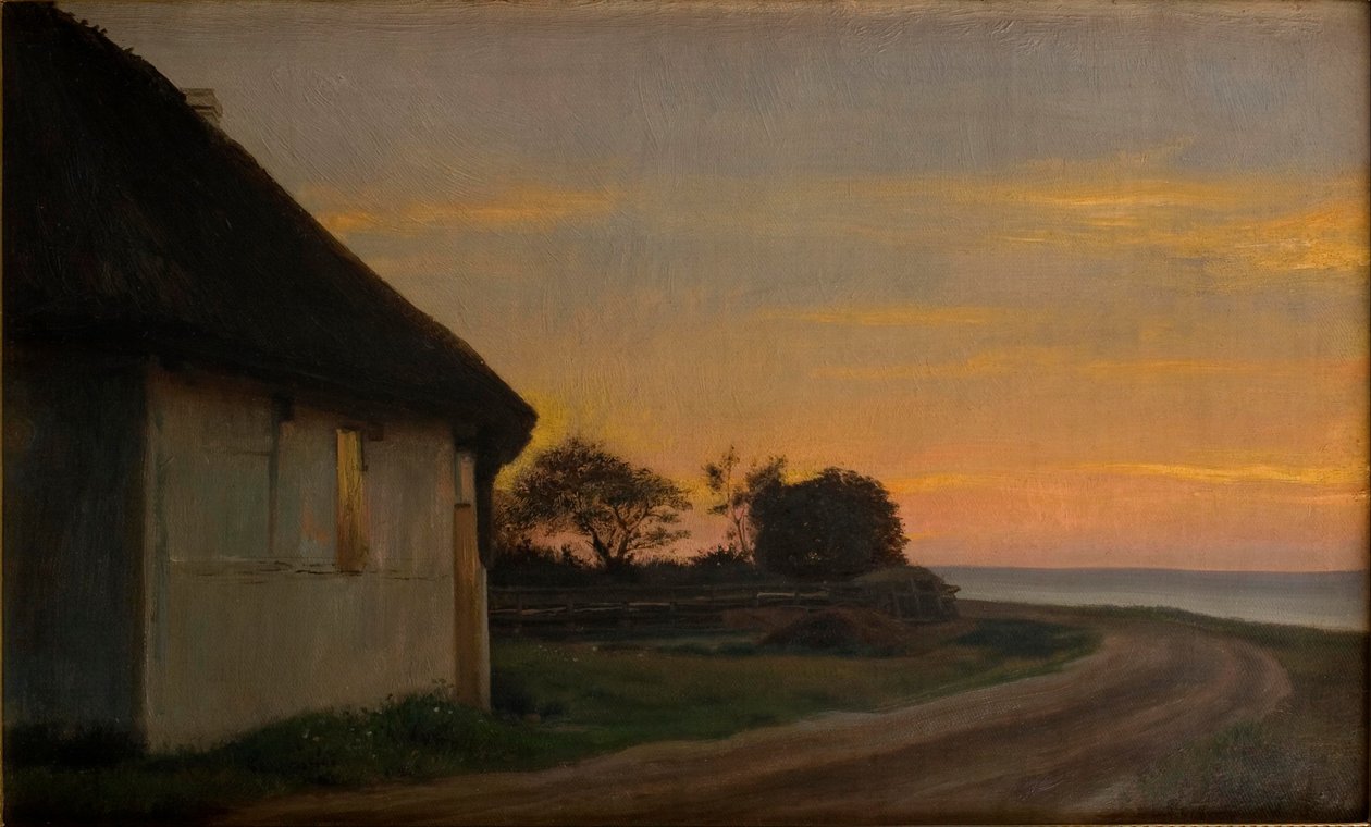 Kveldslandskap med hus og hage ved sjøen. Ellekilde av Carl Heinrich Bloch