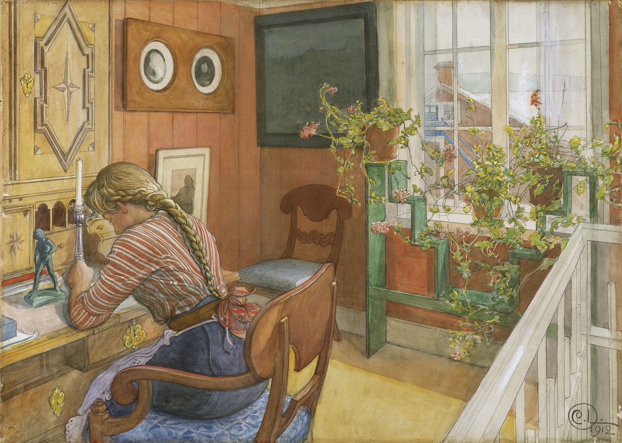 Brevskriving, 1912 (wc på papir) av Carl Larsson