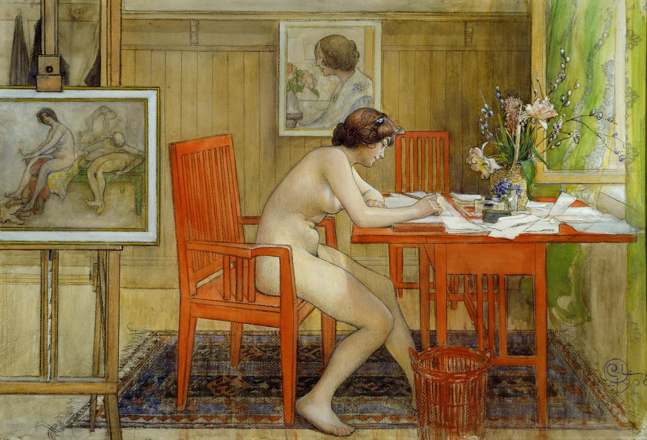 Modellen som skriver et postkort av Carl Larsson