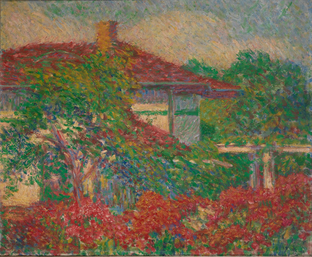 Landskap med røde takbygning, ca. 1880-1910. av Carl Newman
