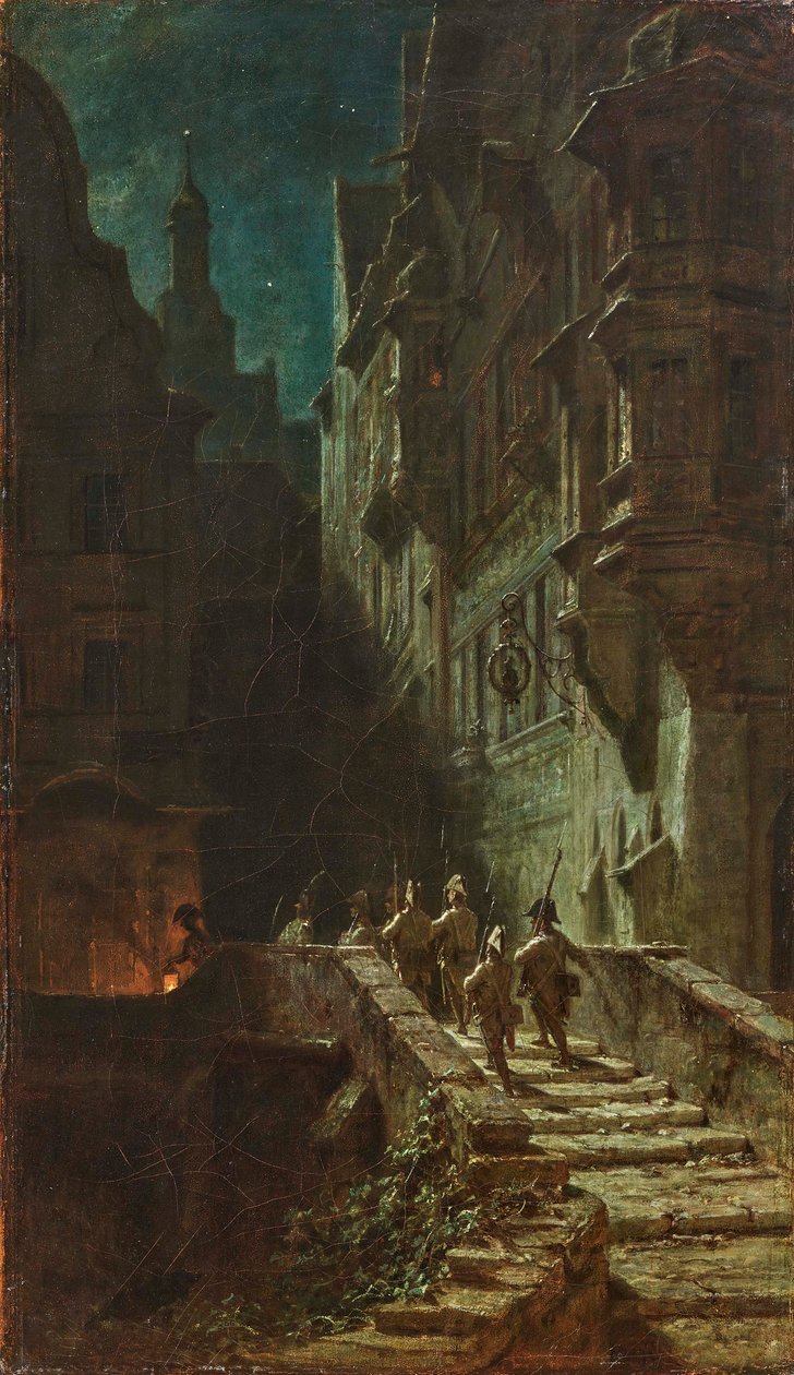 Crowd Guard nattrunde. av Carl Spitzweg
