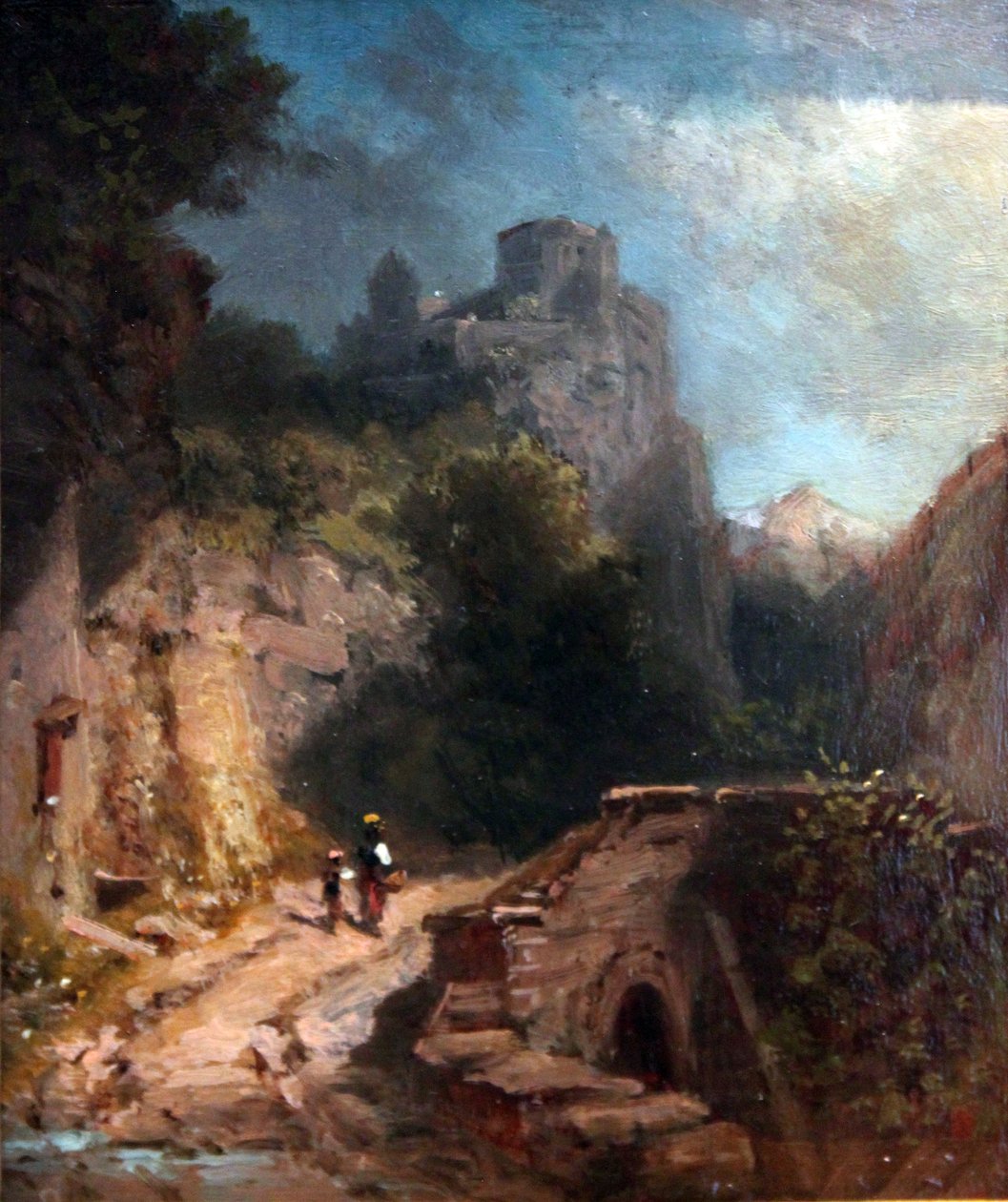 Fjellandskap med bro og slott av Carl Spitzweg