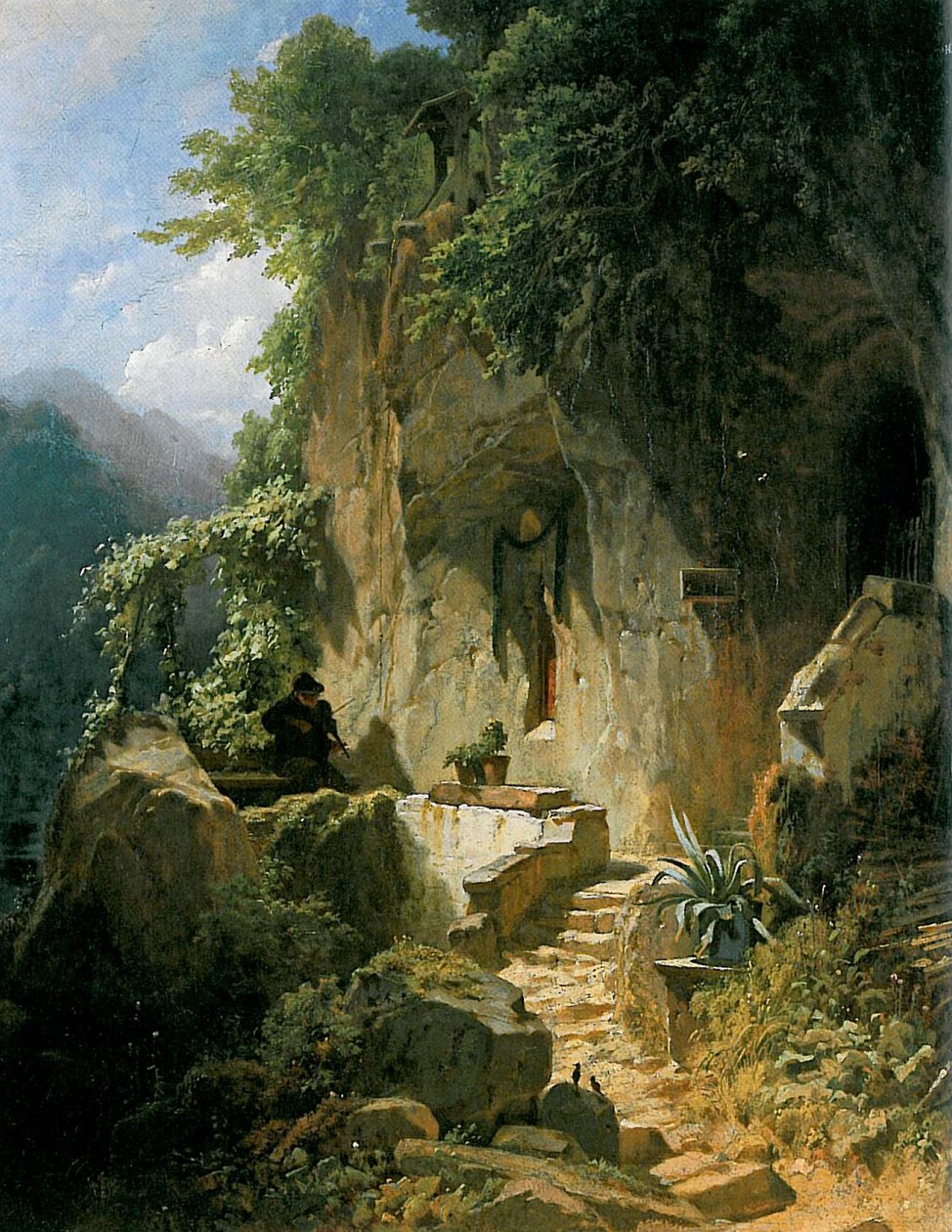 Musikkskapende eremitt foran rockememitaten av Carl Spitzweg
