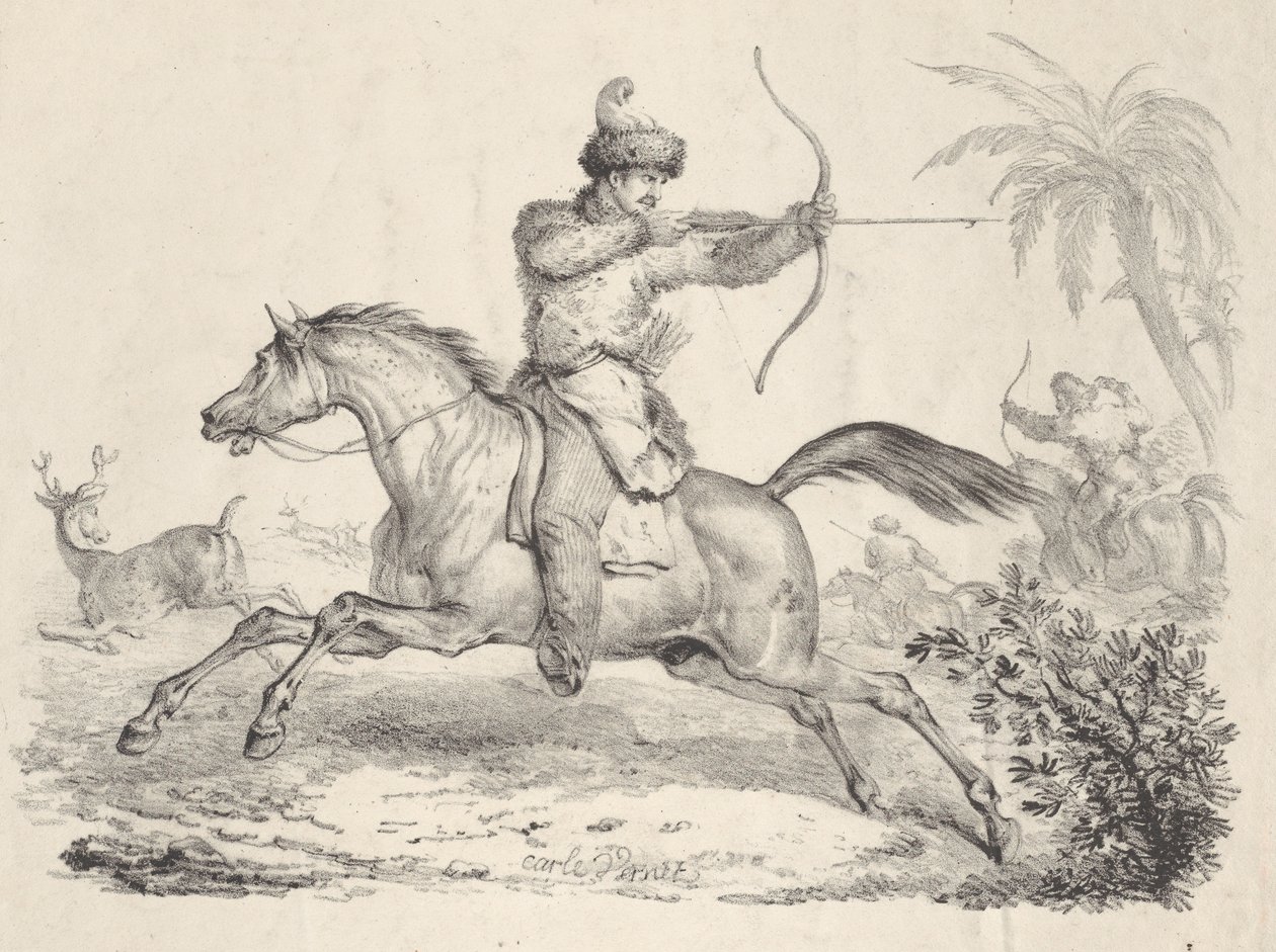 Kosakker på hestejakt på hjort, 1821-36. av Carle Vernet