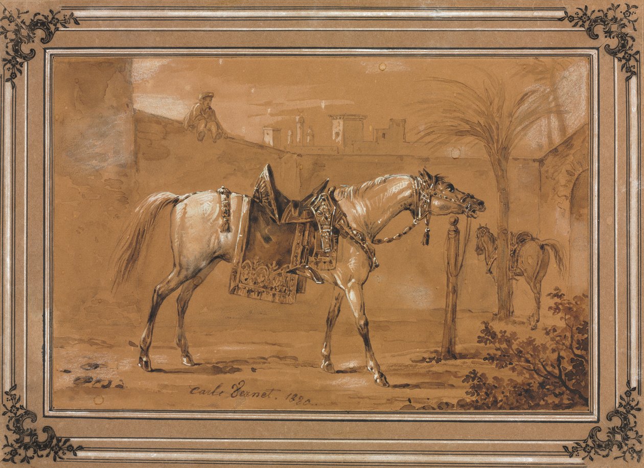 Sadlet arabisk hest i gårdsplassen, 1820. av Carle Vernet