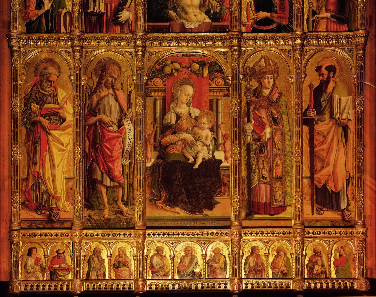 Altertavle av St Emidio, polyptyk, detalj av jomfruen og de hellige Saint Paul, Saint John the Baptist, Saint Etienne og Saint Paul, fra venstre til høyre, 1473 tempera på tre av Carlo Crivelli