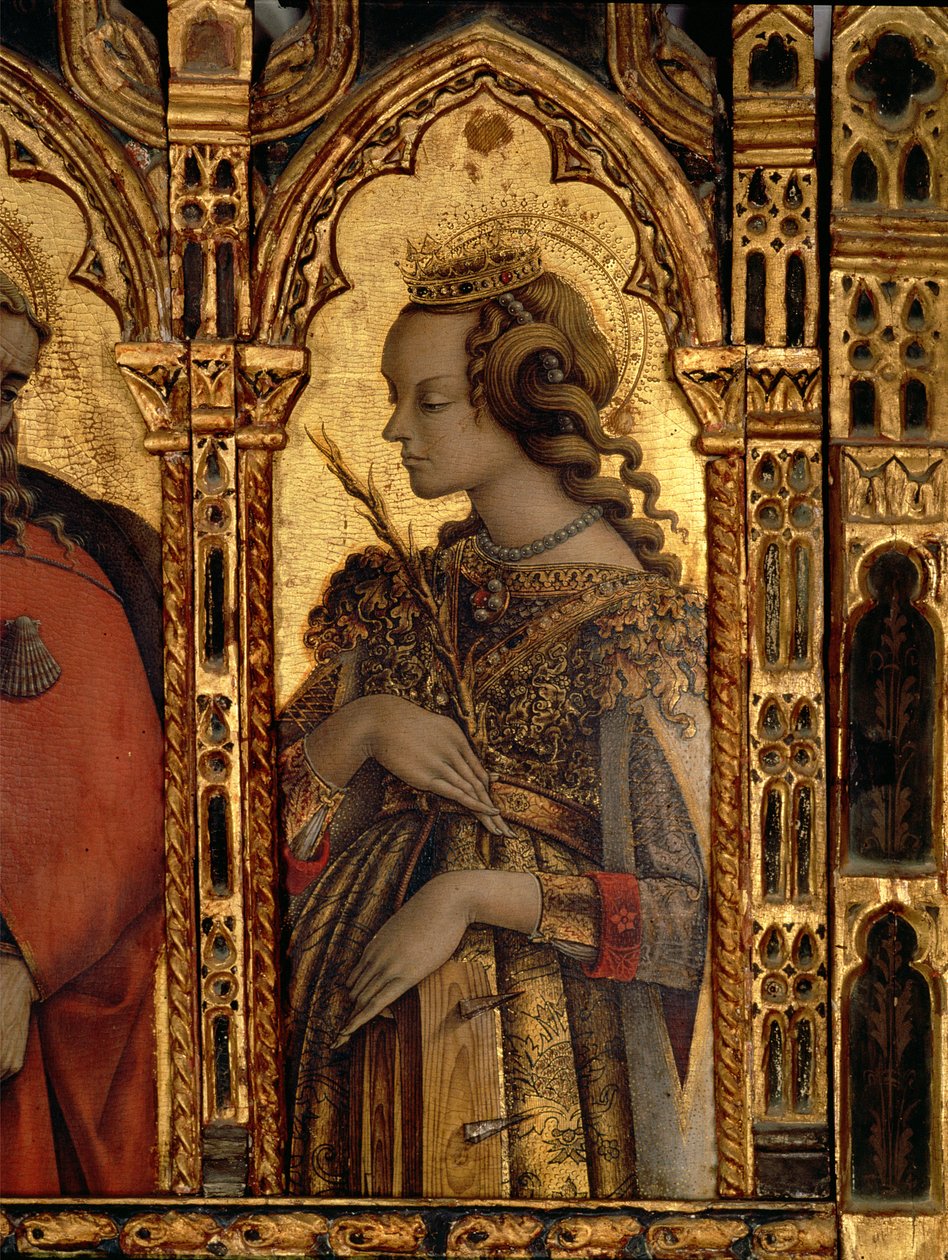 St. Katarina av Alexandria, detalj fra San Martino polyptych (tempera på panel) (se 76669) av Carlo Crivelli