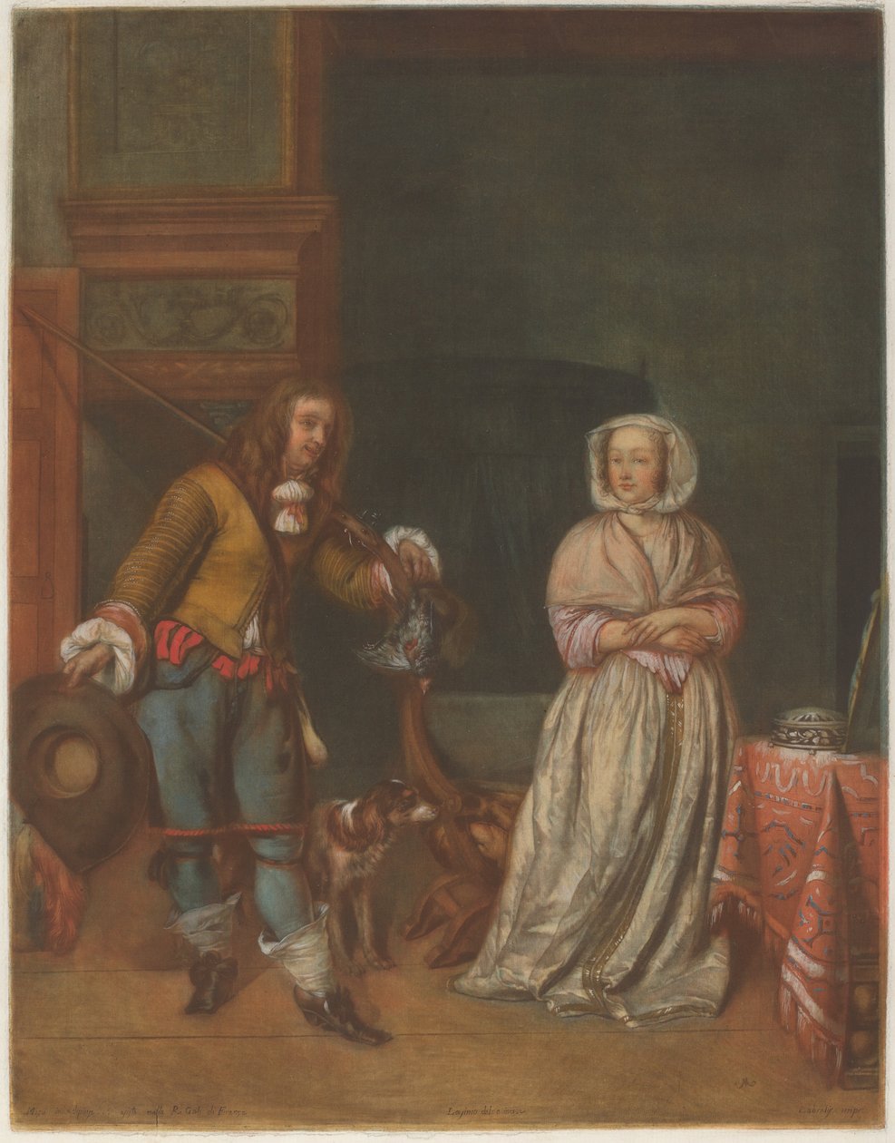 Huntsman besøker en dame av Carlo Lasinio after Gabriel Metsu