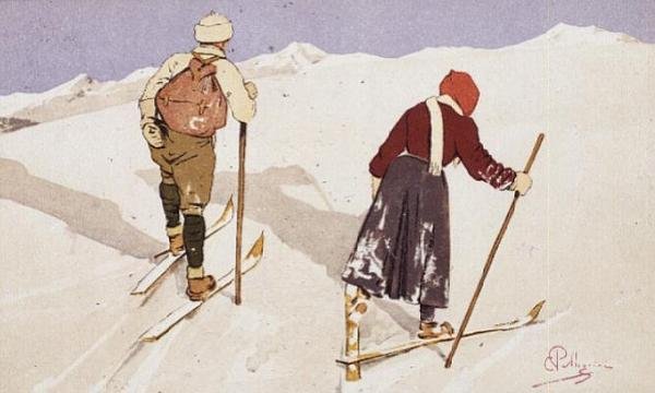 Langrennsløpere (farge litho) av Carlo Pellegrini