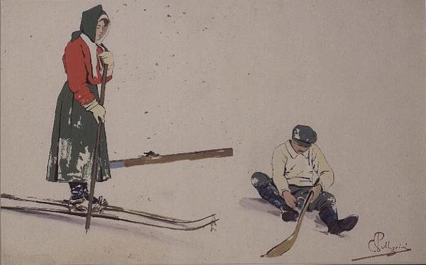 Sikring av skiene (farge litho) av Carlo Pellegrini