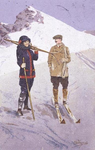Skiløpere på Adelboden (farge litho) av Carlo Pellegrini