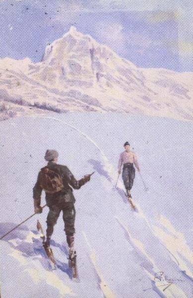 Skiløpere på Mt. Rose, Sveits (farge litho) av Carlo Pellegrini