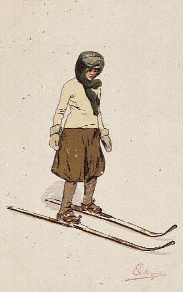 Kvinne på ski (farge litho) av Carlo Pellegrini