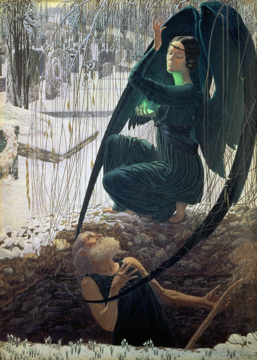 The Death and the Gravedigger, 1900 (gouache, akvarell og blyant) av Carlos Schwabe
