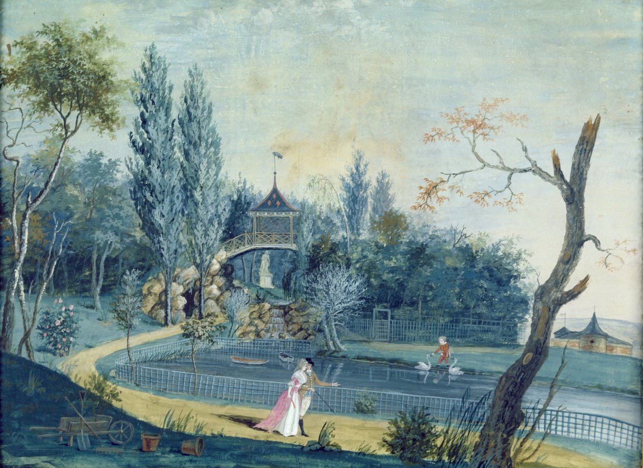 Innsjøen og den kinesiske paviljongen i parken ved Le Raincy, ca. 1754-93 av Louis Carrogis dit Carmontelle