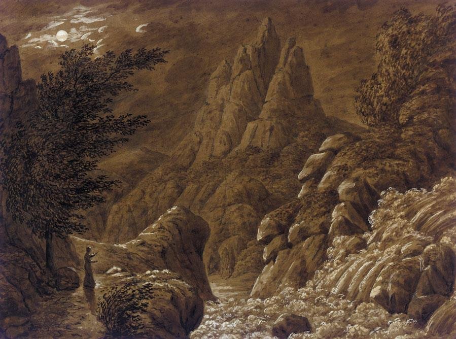 Ideelt fjellandskap med en foss av Caspar David Friedrich