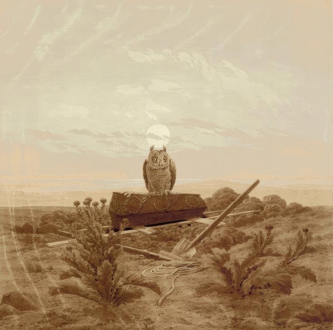 Landskap med en grav, en kiste og en ugle av Caspar David Friedrich