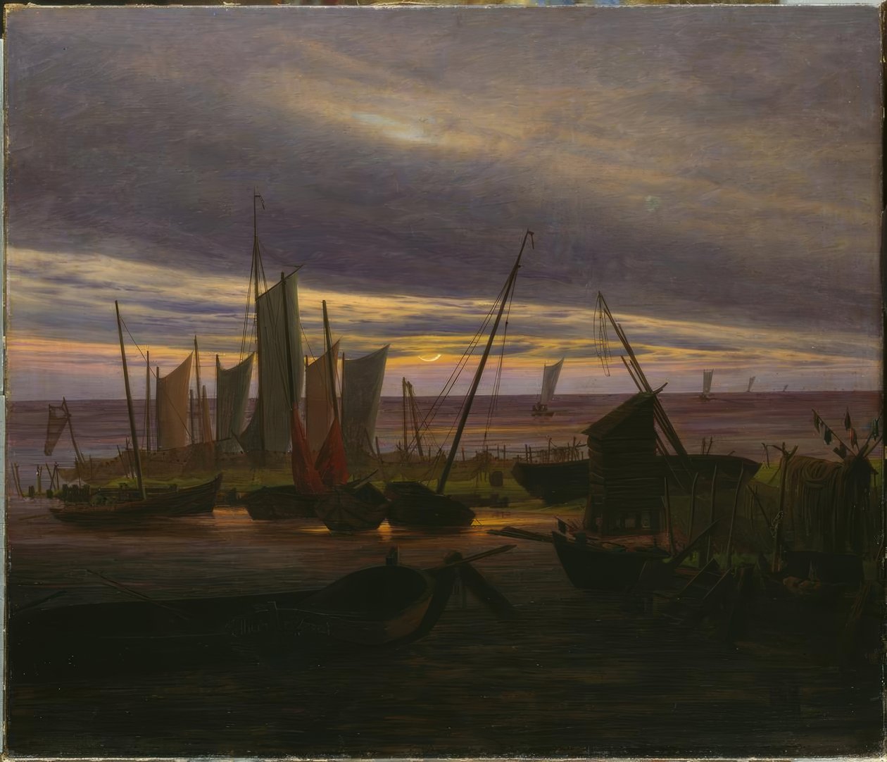 Skip i havna om kvelden av Caspar David Friedrich