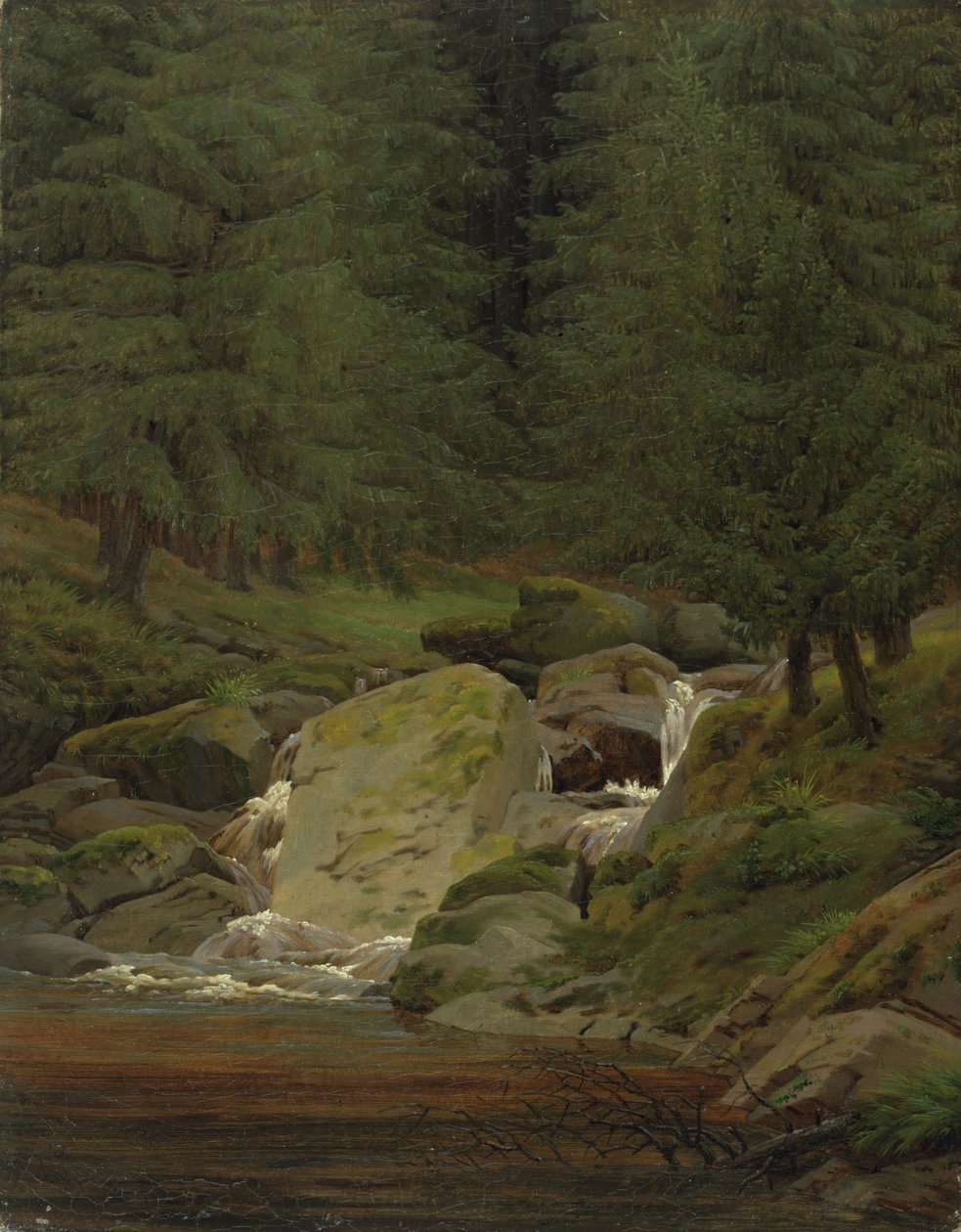 Evergreens ved fossen av Caspar David Friedrich