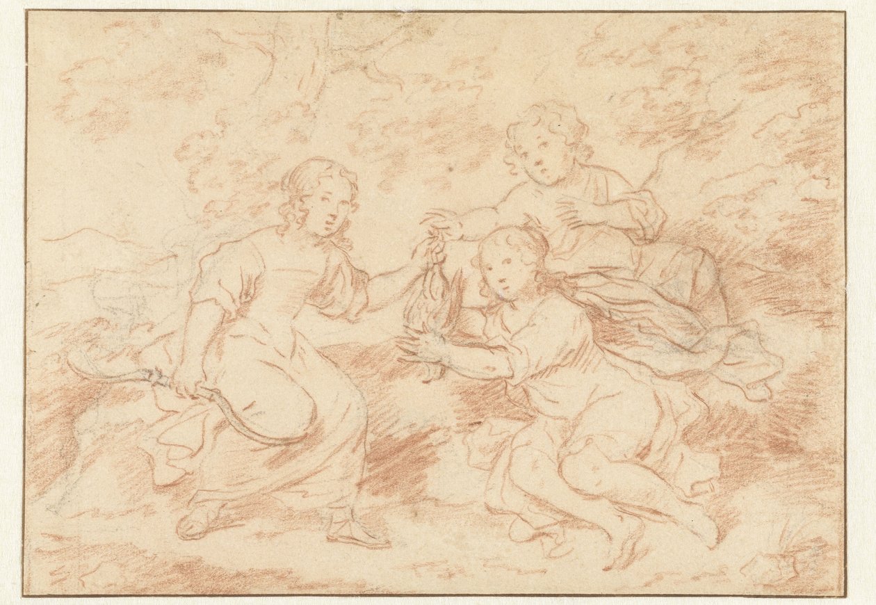 Tre barn i et landskap av Caspar Netscher (possibly)
