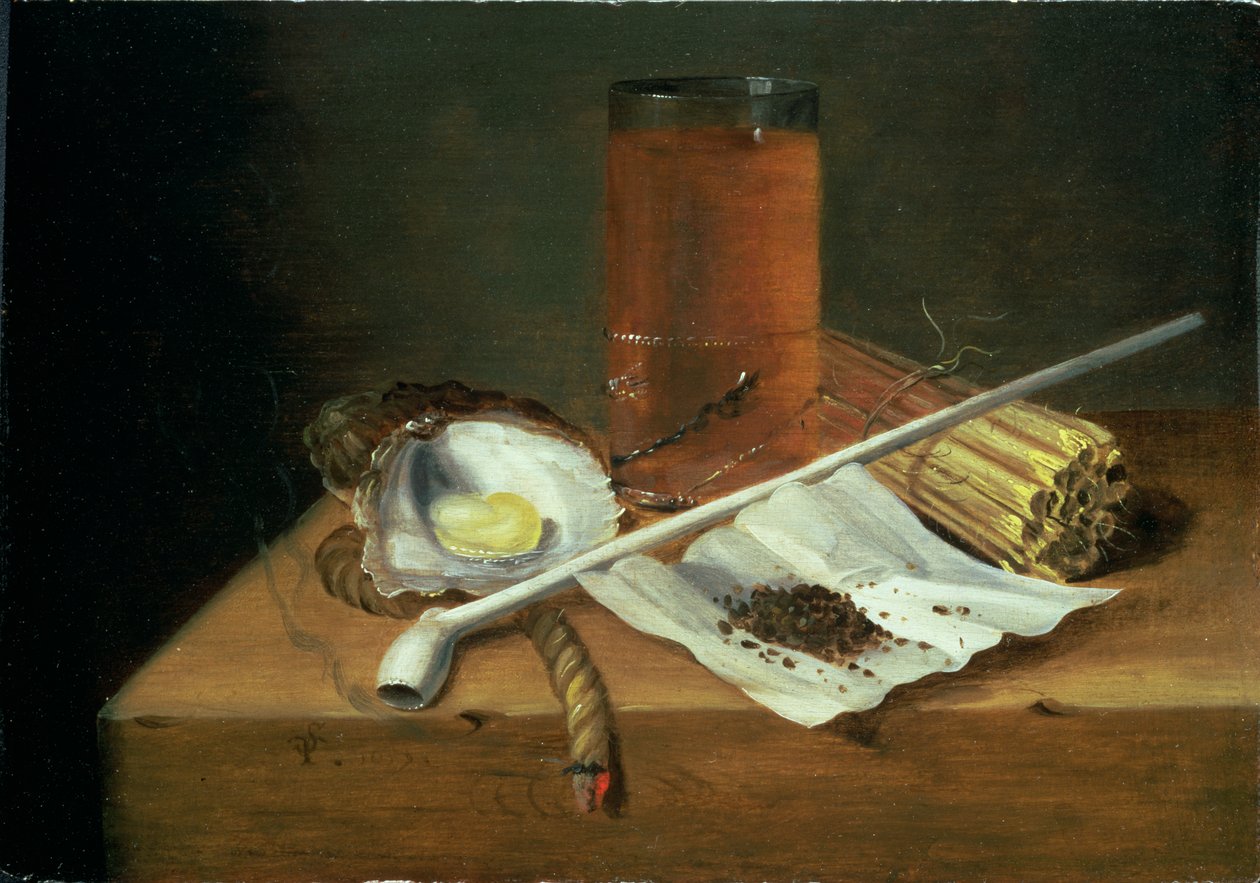 Stilleben med røykebehov, 1659 (panel) av Casparus Smits
