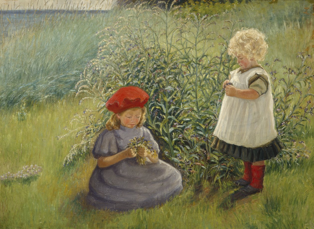 To jenter plukker blomster (olje på lerret) av Cathrine Zernichow