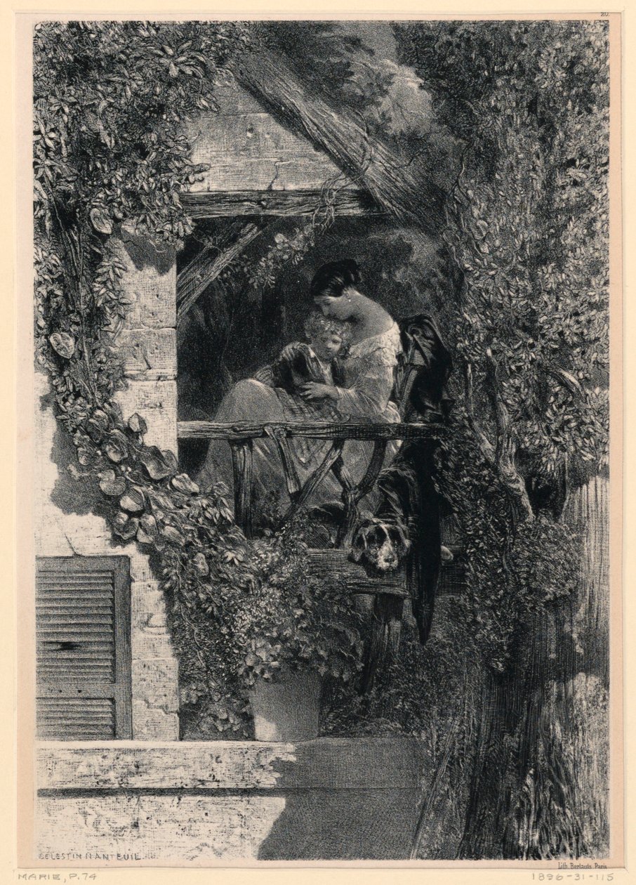 Mor og barn på balkongen av Celestin Francois Nanteuil