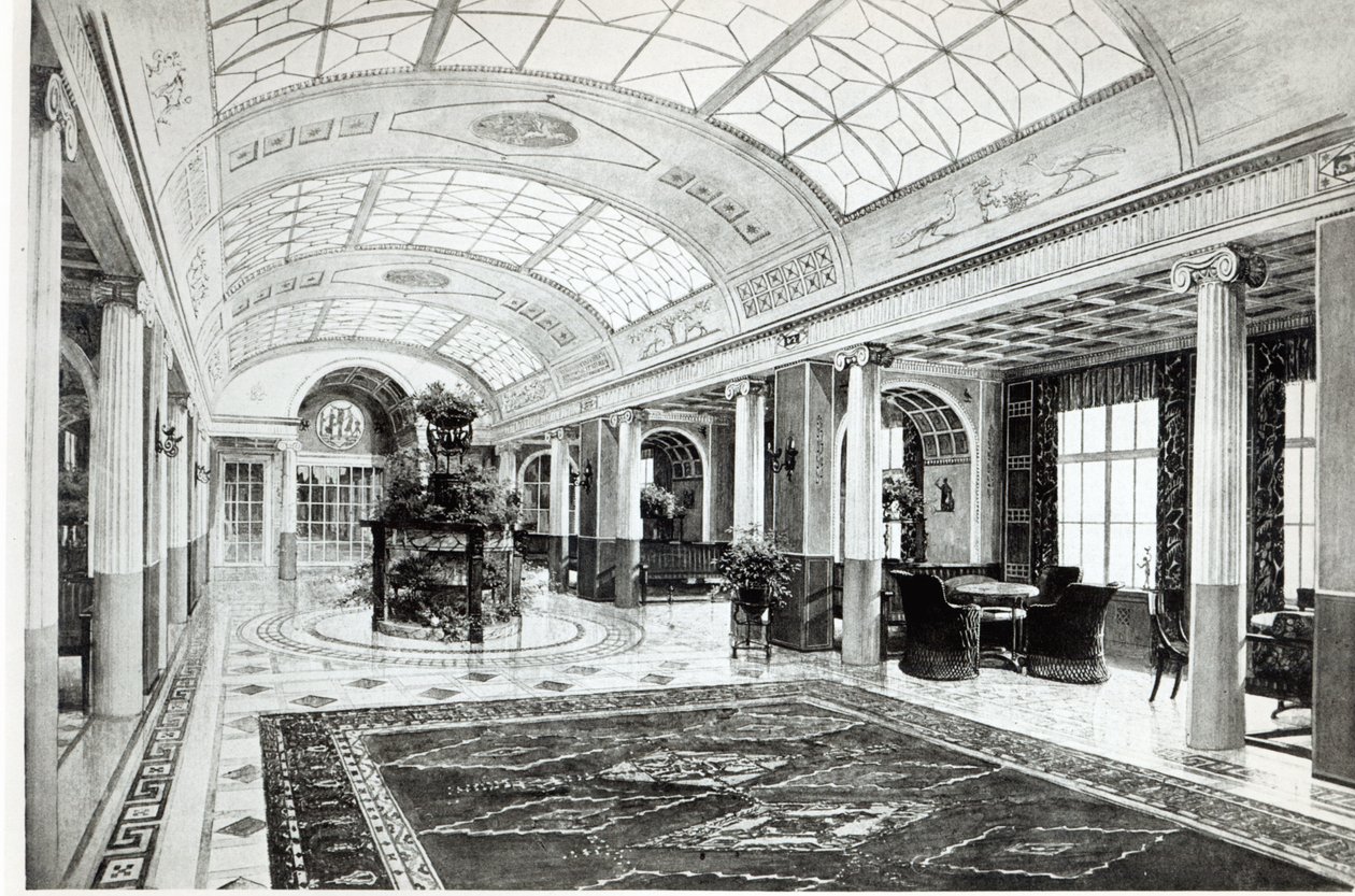 Design for et vinterhagemottaksrom på Ocean Liner, Admiral von Tirpitz, ca. 1911 av Charles and Bischoff, A. Mewes