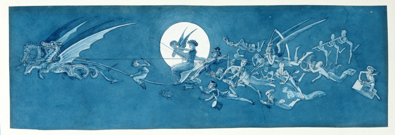 Dragevognen og fe-minstrelene krysser månen (penn, blekk og wc på papir) av Charles Altamont Doyle