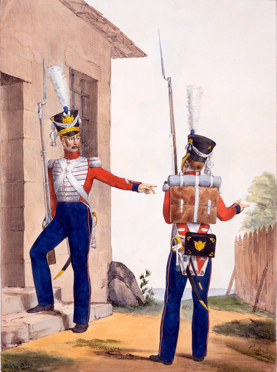 Uniform fra 8. infanteriregiment til den sveitsiske kongelige garde, fra 'Collection des Uniforms de l'Armee Francaise', utgitt 1823 (håndfarget litho) av Charles Aubry
