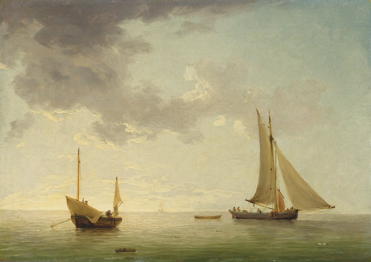A Lugger and a Smack in Light Airs (olje på kobber) av Charles Brooking