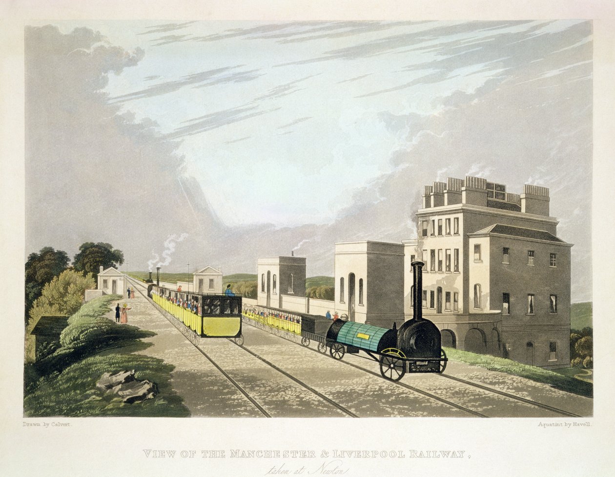 Utsikt over Manchester og Liverpool Railway, tatt ved Newton, 1825, gravert av Havell (akvatint) av Charles Calvert