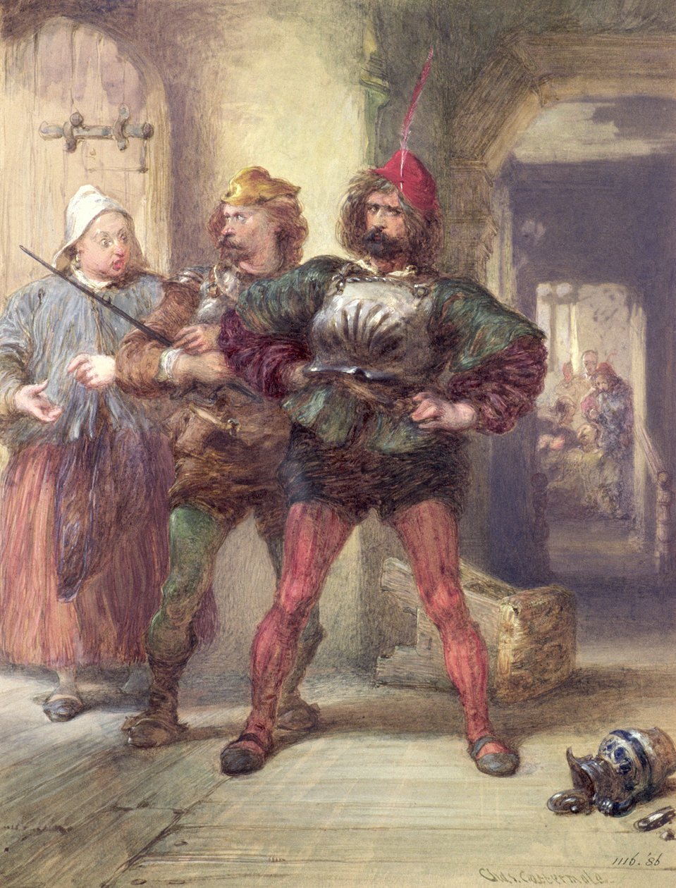 Mistress Quickly, Nym og Bardolph, fra Shakespeares Falstaff-skuespill, (tegning) av Charles Cattermole