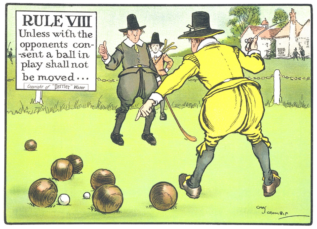 Regel VIII: Med mindre motstanderne samtykker, skal en ball i spill ikke flyttes..., fra 'Rules of Golf', publisert ca. 1905 av Charles Crombie