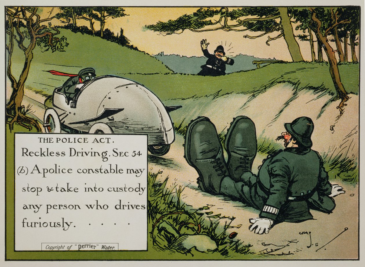 Politiloven. Hensynsløs kjøring. Sec.54(b) En politibetjent kan stoppe og pågripe enhver person som kjører rasende..., fra en bok med trafikkregler, utgitt ca. 1905 av Charles Crombie