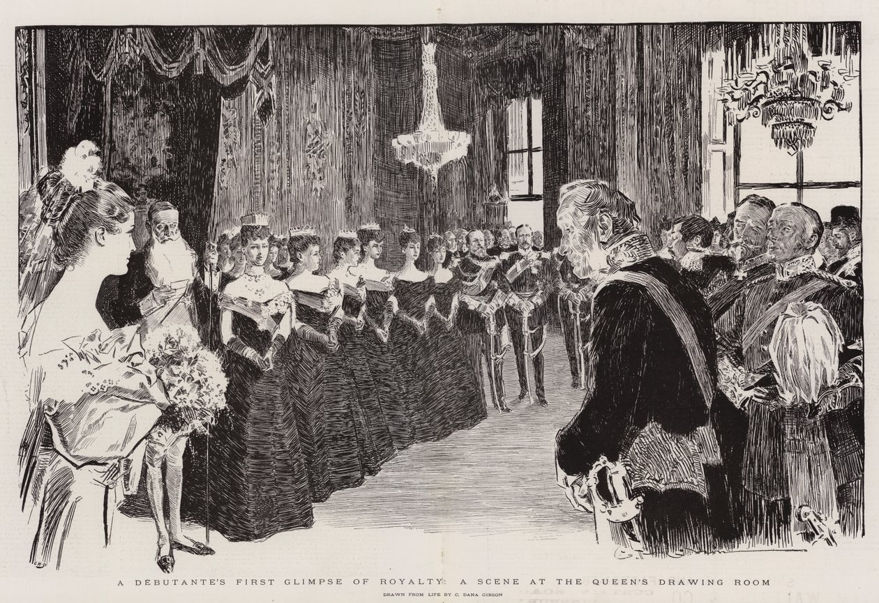 En debutantens første glimt av royalty, en scene i dronningens sal av Charles Dana Gibson