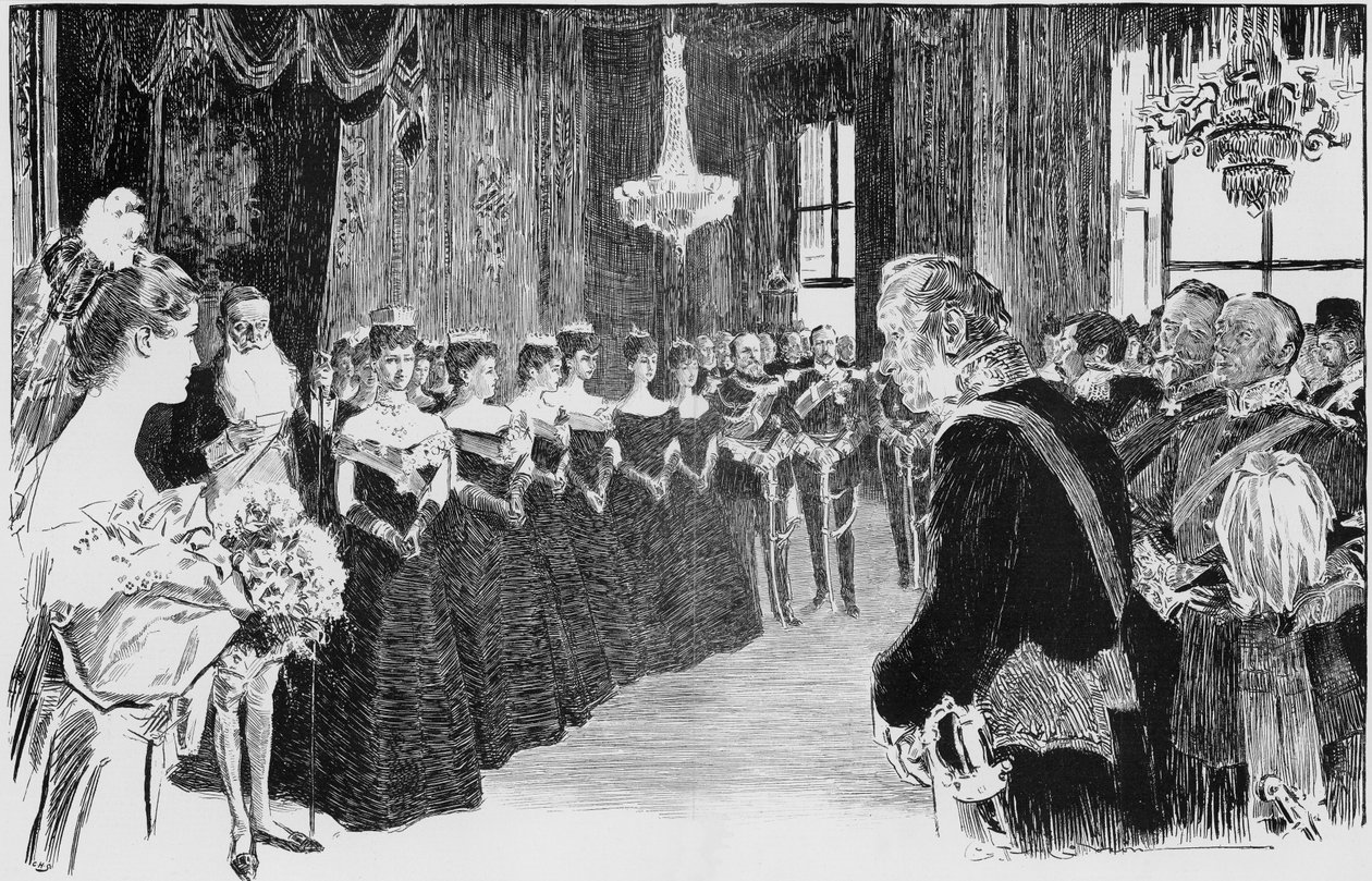 En debutants første glimt av Royalty, en scene i dronningens sal av Charles Dana Gibson