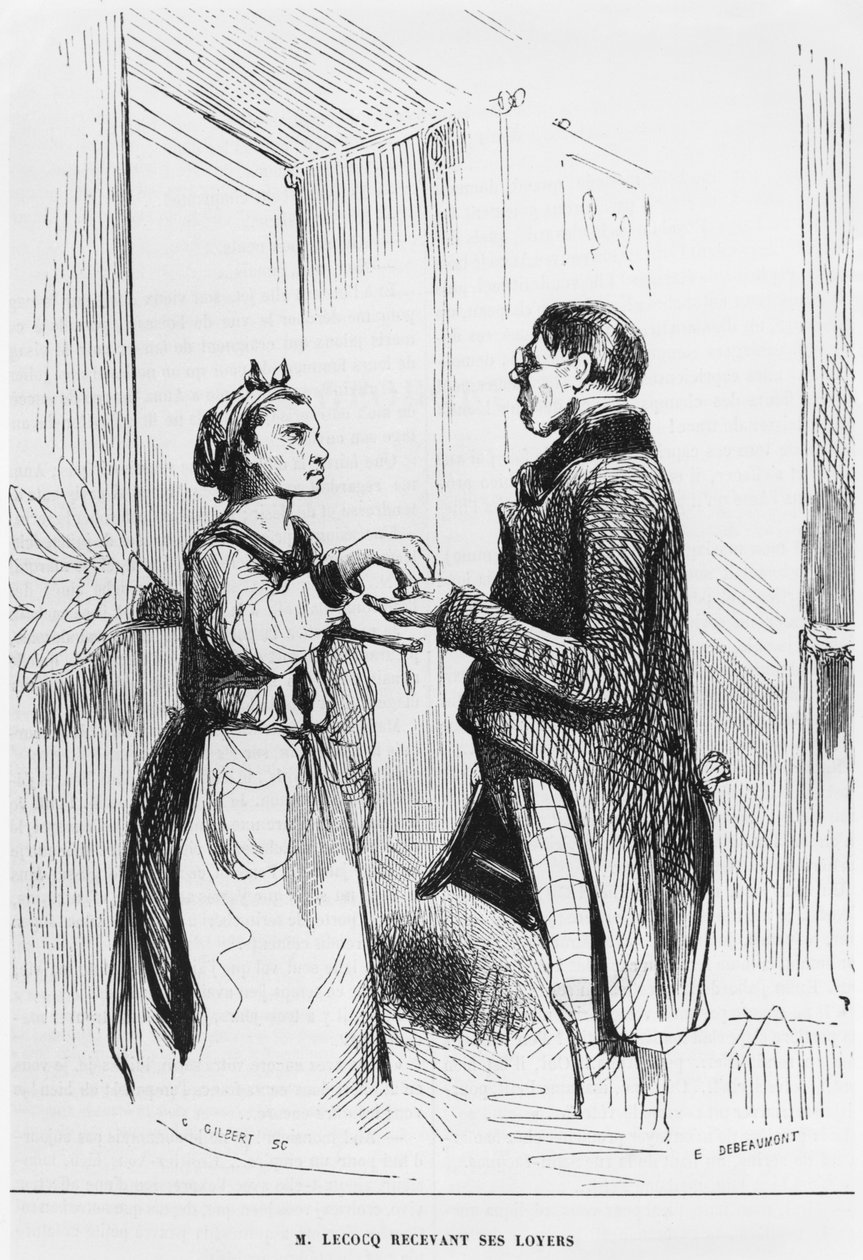 'M. Lecocq får husleiene sine', gravert av Charles Gilbert (1800-tallet) illustrasjon fra 'Revue Pittoresque', 1843 av Charles Edouard de Beaumont