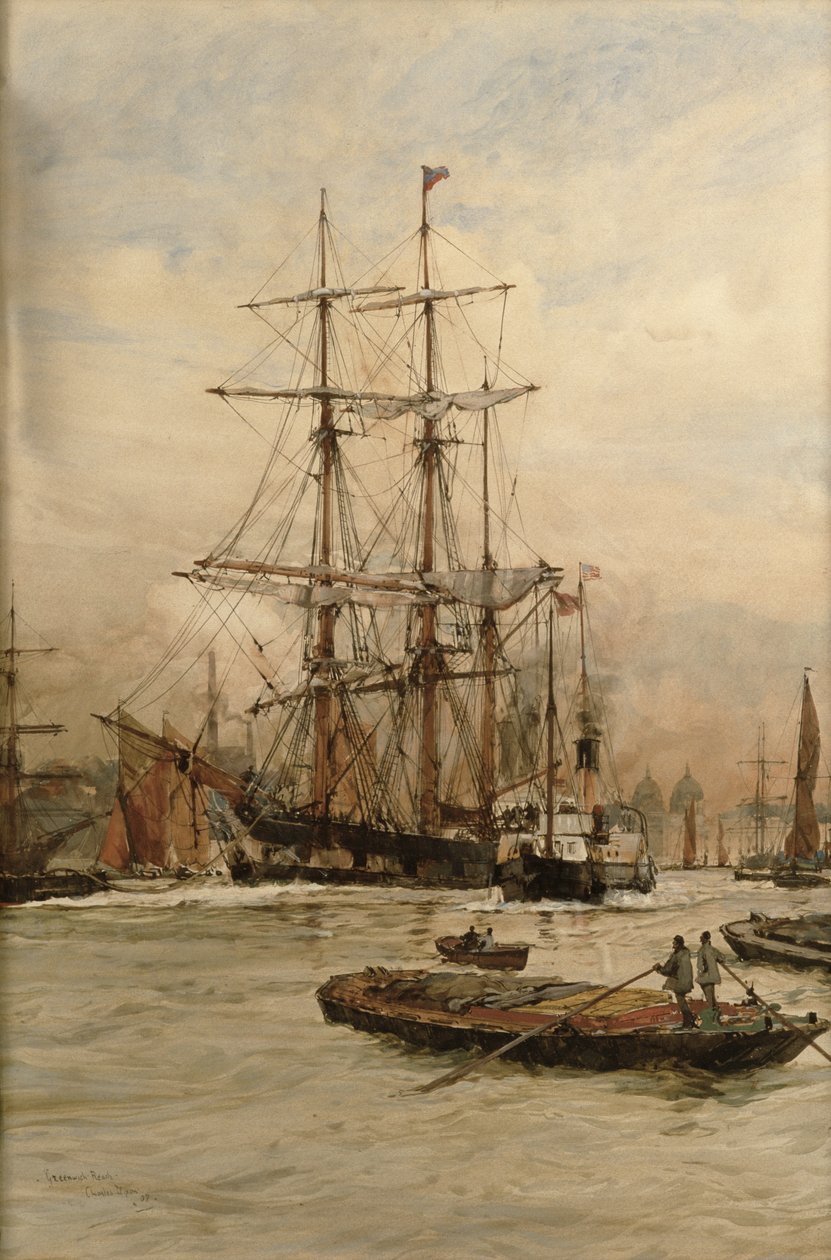 På Themsen nedenfor Greenwich, ca. 1905 av Charles Edward Dixon