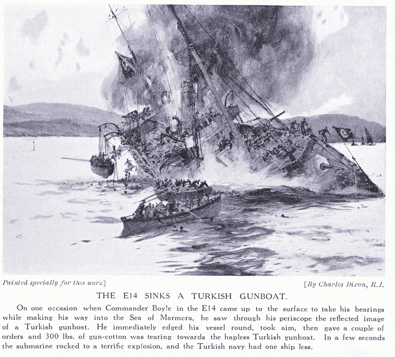 E14 senker en tyrkisk kanonbåt i Marmorahavet 1915 av Charles Edward Dixon