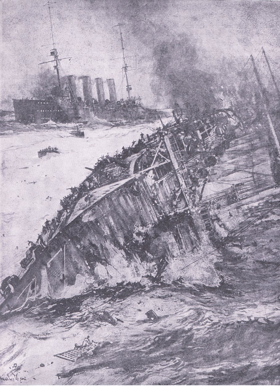 Katastrofen i Nordsjøen: senkingen av Aboukir, fra History of the Great War Vol 3 utgitt av Waverley Book Co Limited, ca. 1920 av Charles Edward Dixon