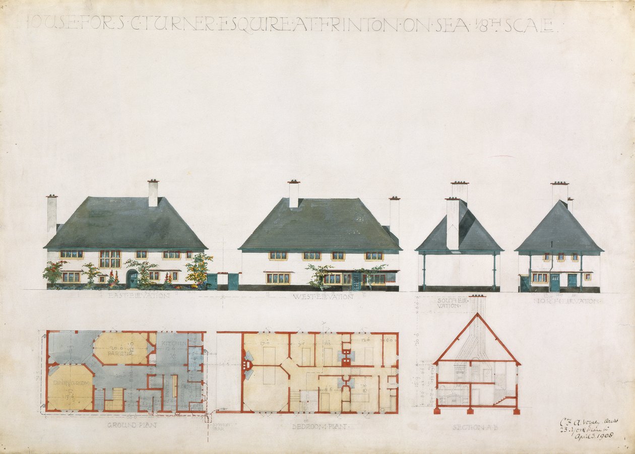 Foreslått hus for C. Turner Esq. på Frinton on Sea, 1908 (wc og blyant på papir) av Charles Francis Annesley Voysey