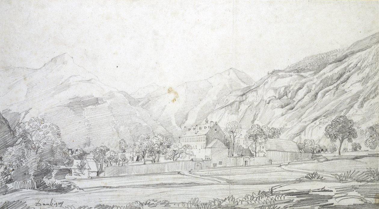 Utsikt over bygninger i en inngjerdet innhegning med fjell i bakgrunnen (grafitt på hvitt vevd papir) av Charles Francois Daubigny