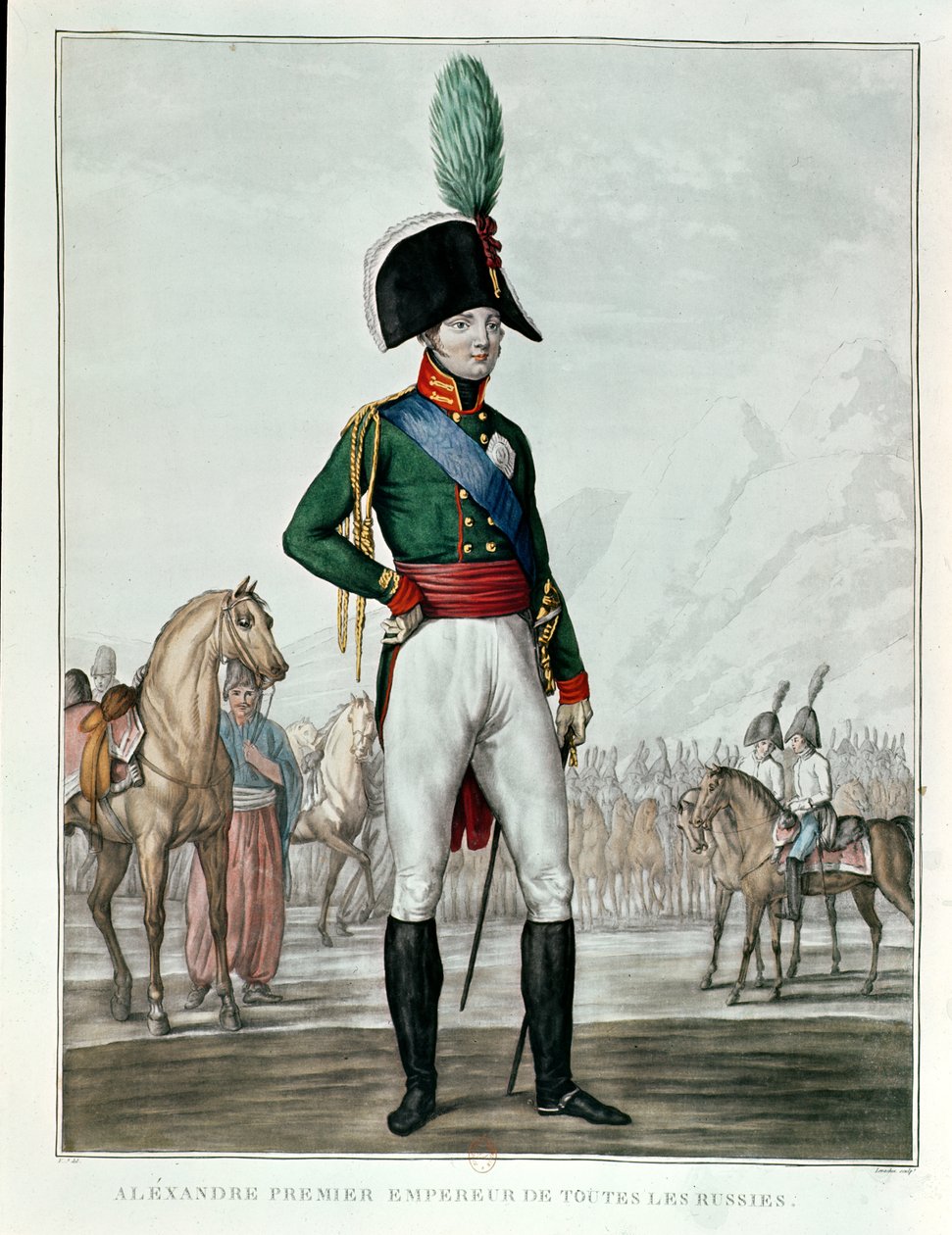 Portrett av Alexander I Pavlovich (1777-1825) med sin hær av Charles Francois Gabriel Levachez