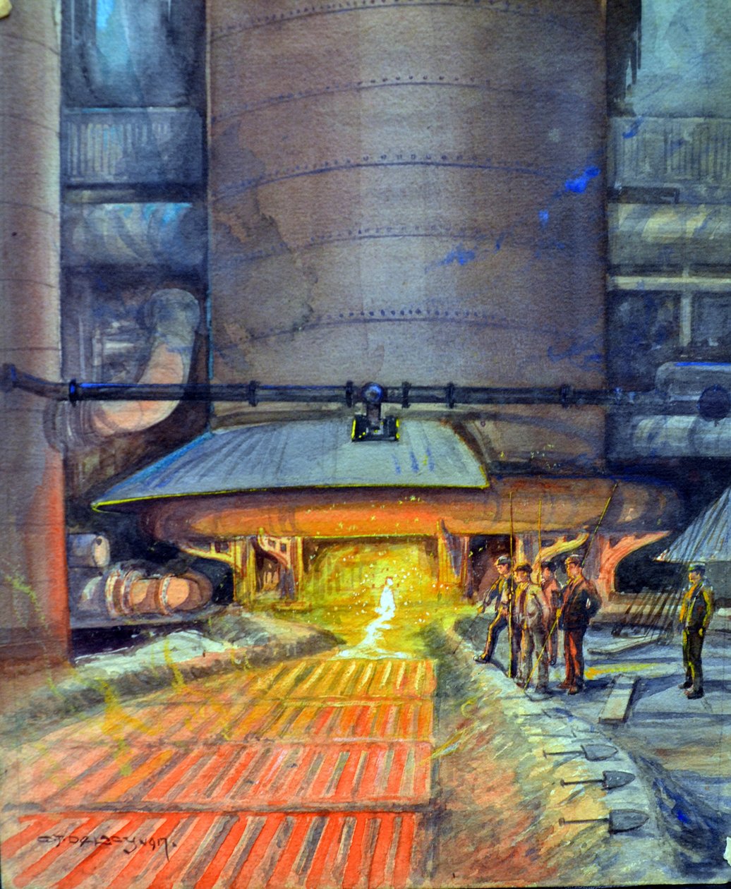 Stålarbeidere som støper dragere, 1917 (wc og kroppsfarge på papir) av Charles John de Lacy