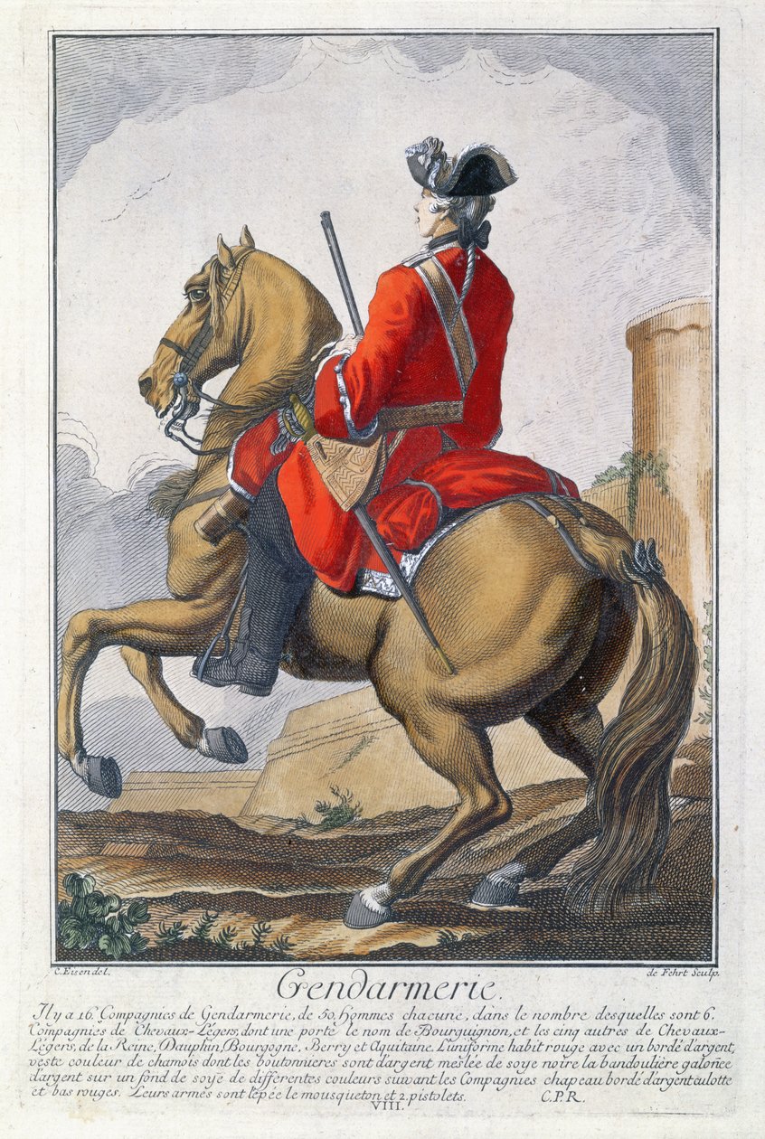 Gendarme montert på en hest (fargegravering) av Charles Joseph Dominique Eisen