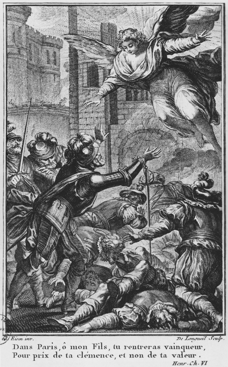 Beleiring av Paris, åpenbaring av St. Louis (1214-70) til Henri IV (1553-1610) gravert av Joseph de Longueil (1730-92) illustrasjon fra 